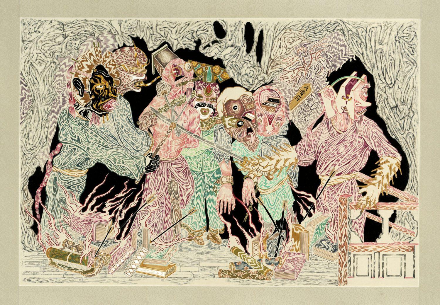 水墨設色宣紙作品 《幸運的綁架》。