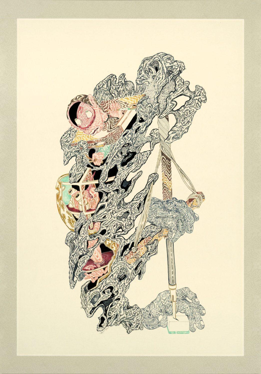 水墨宣紙設色作品《埋葬的化身(鋒利)》。