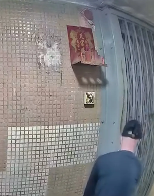 一名男子闖進黃大仙下邨龍豐樓,向其中一個單位門口的鐵閘及門鐘抹上糞便。(影片截圖)