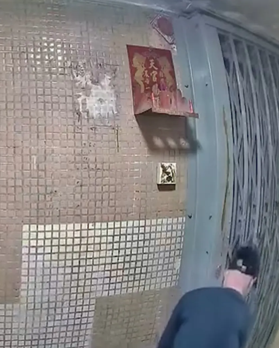 一名男子闖進黃大仙下邨龍豐樓,向其中一個單位門口的鐵閘及門鐘抹上糞便。(影片截圖)