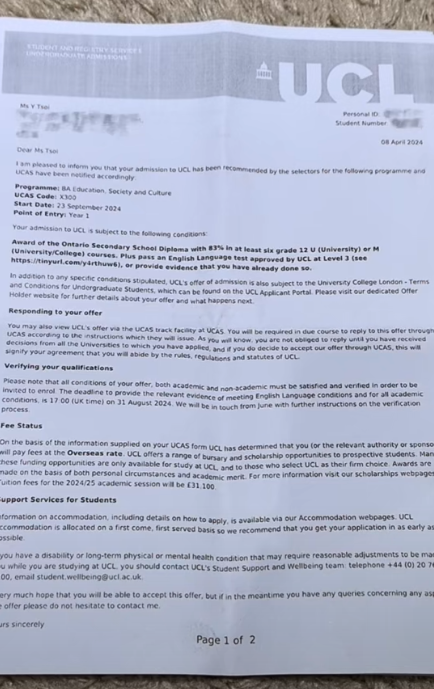 蔡天鳳媽媽在社交平台分享,二女及幼女先後考上名牌大學,其中幼女獲三間世界排名前十的大學取錄,而她最終決定入讀英國倫敦大學學院(UCL)。(蔡天鳳媽媽@抖音)
