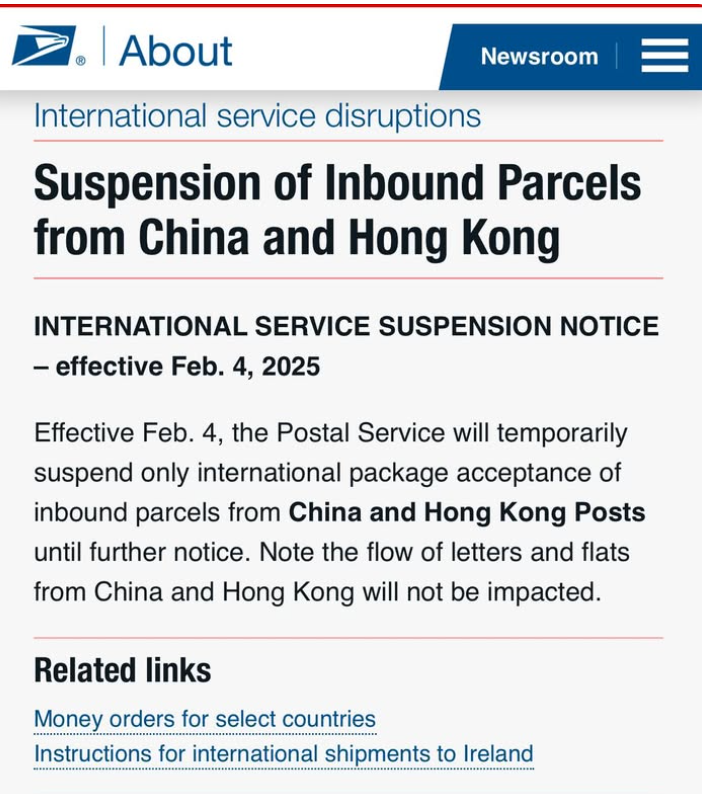 美國郵政宣布,由當地本月4日起,暫停接受來自中國內地和香港的入境國際包裹,直至另行通知