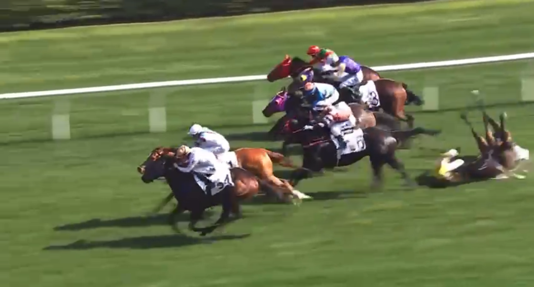 何澤堯墮馬受傷。(賽馬會影片截圖)