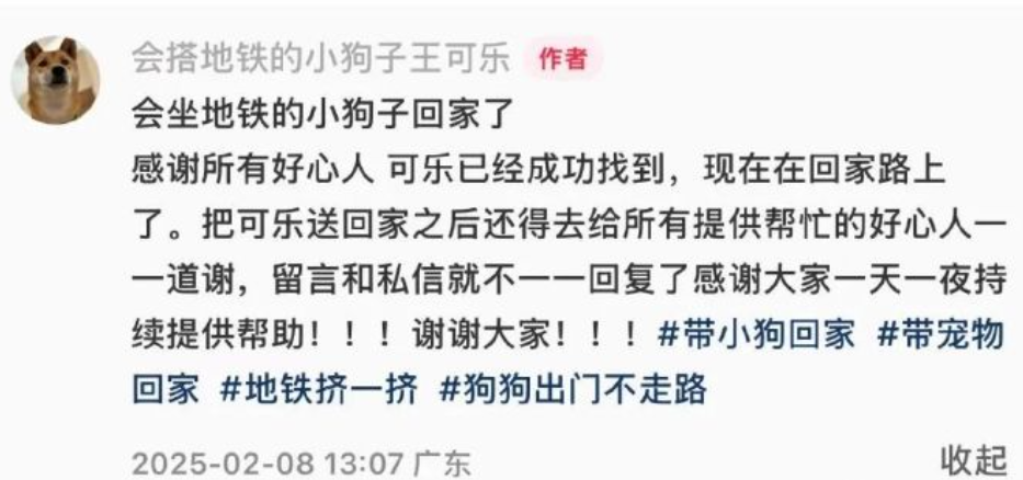 在多位網民協助下,宋先生大致鎖定愛犬出現範圍,再通過周邊小區閉路電視畫面、商店工作人員及熱心人提供的訊息推斷其行蹤。至上周六中午,有網民稱一名女士在深圳一個小區發現王可樂,並用耳機線充當狗繩暫時留住牠,這場尋狗行動才得以圓滿結束。