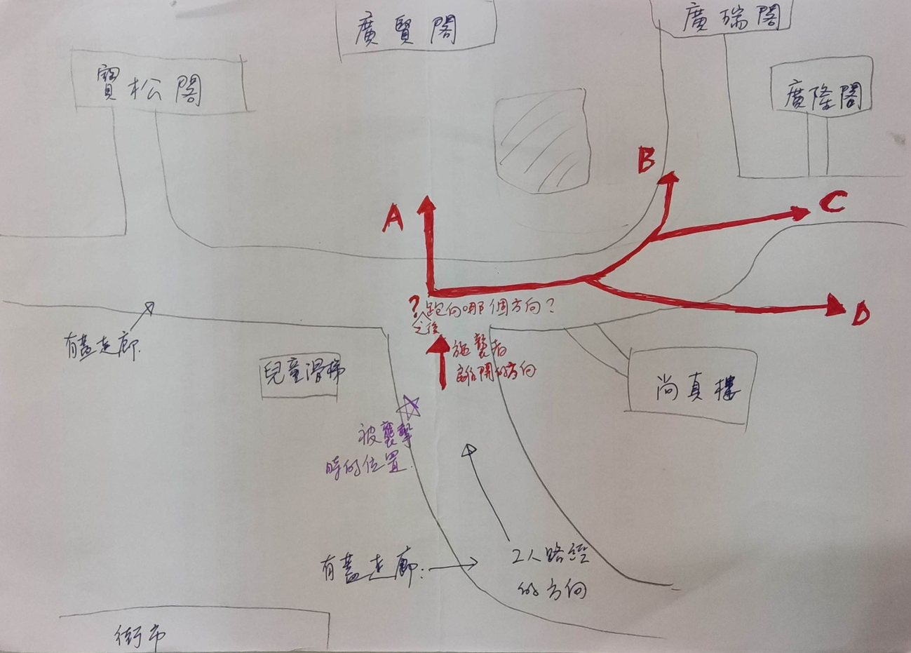 將軍澳尚德邨本月19日晚上發生襲擊事件,一名男子在放工回家途中突然遭人推跌,頭部直撼花槽浴血受傷送院。家人繪畫兇徒逃走的可能路線圖。(將軍澳主場fb)