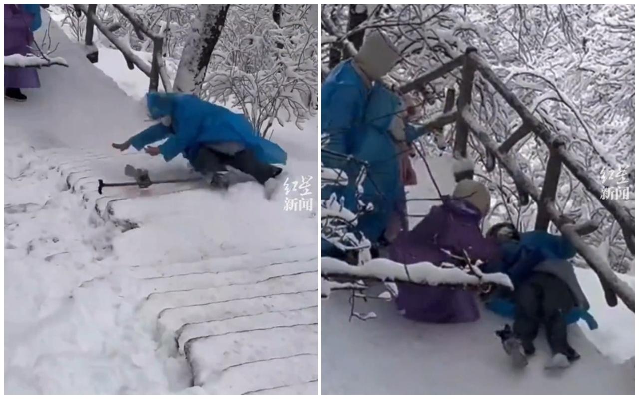 一名遊客頭部朝下,疾速滑落,眼見險衝落崖,幸最後被一處護欄擋住,惟撞擊力不輕。(微博)