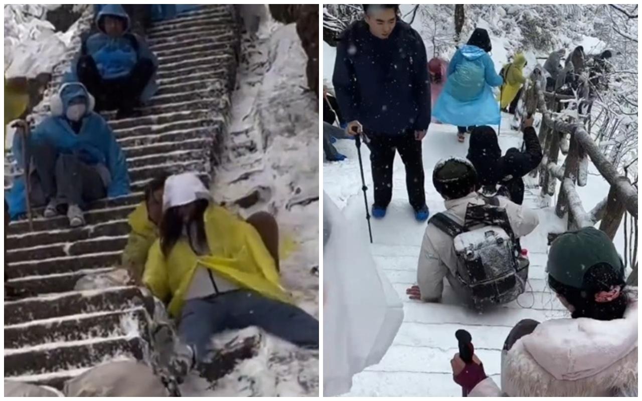 部分人因擔心摔倒而坐在梯階援慢移動落山。(微博)