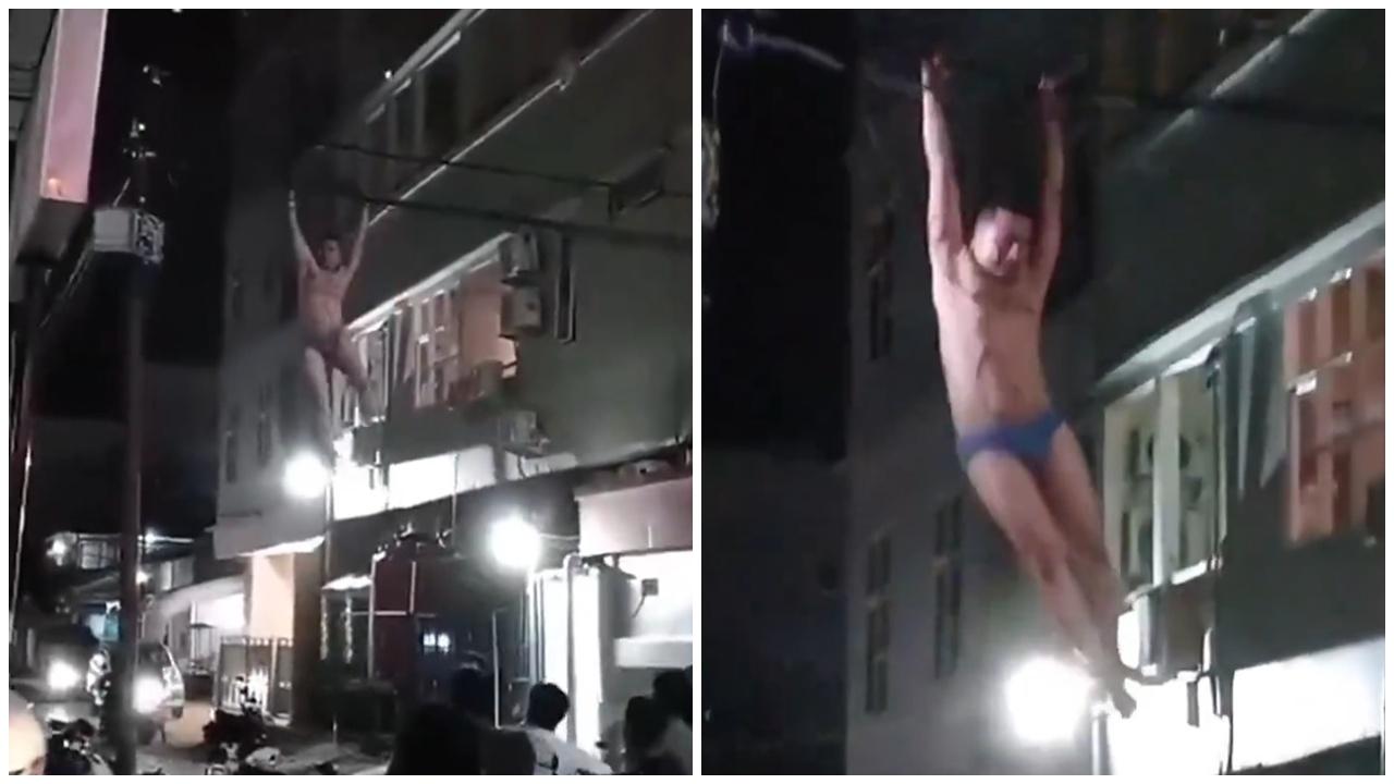 之後如「泰山」一樣,將電纜視為藤蔓,吊在半空,一手一手的向前爬。(X)