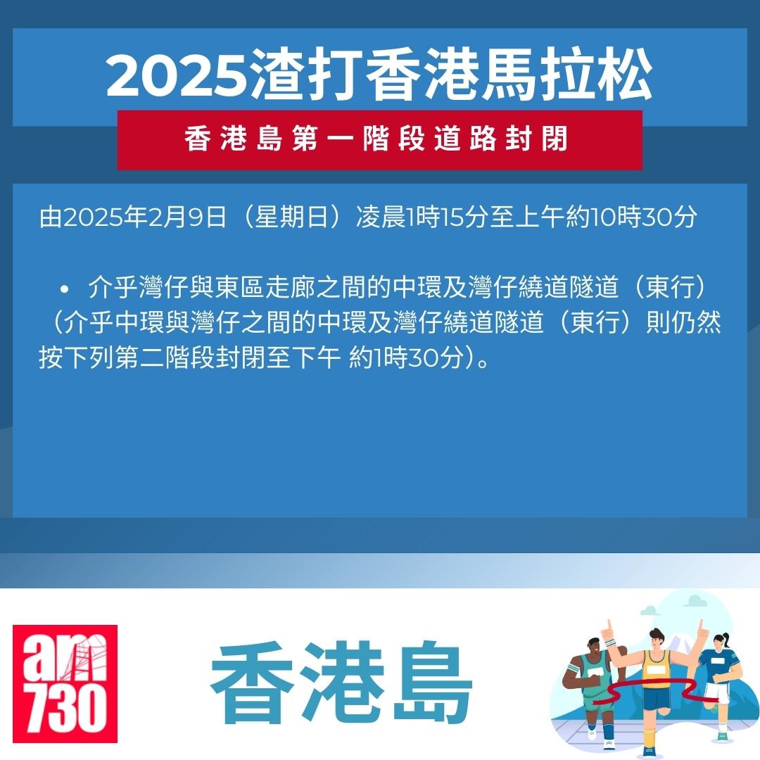 渣打馬拉松2025封路安排|香港島。(am730製圖)
