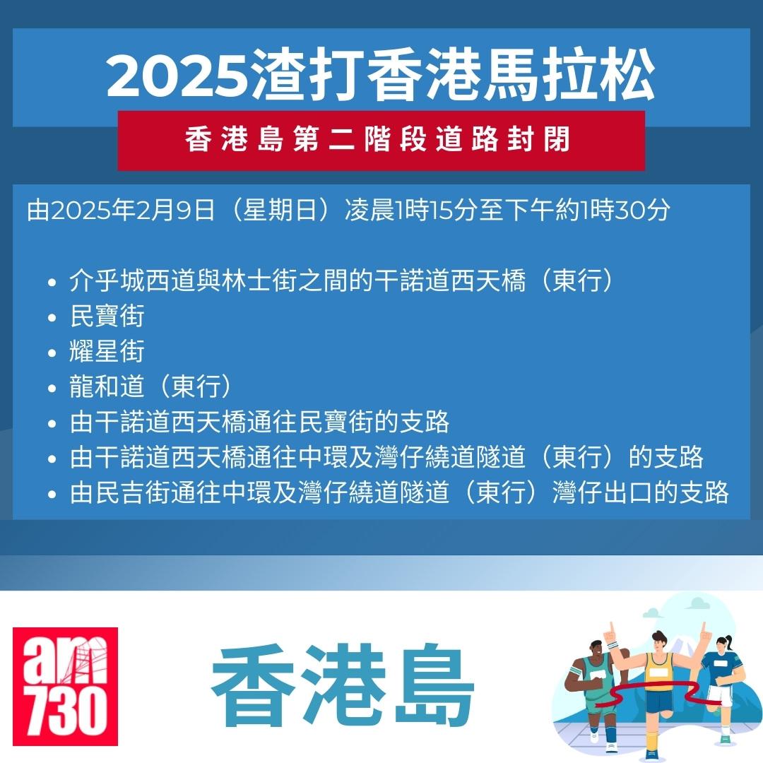 渣打馬拉松2025封路安排|香港島。(am730製圖)