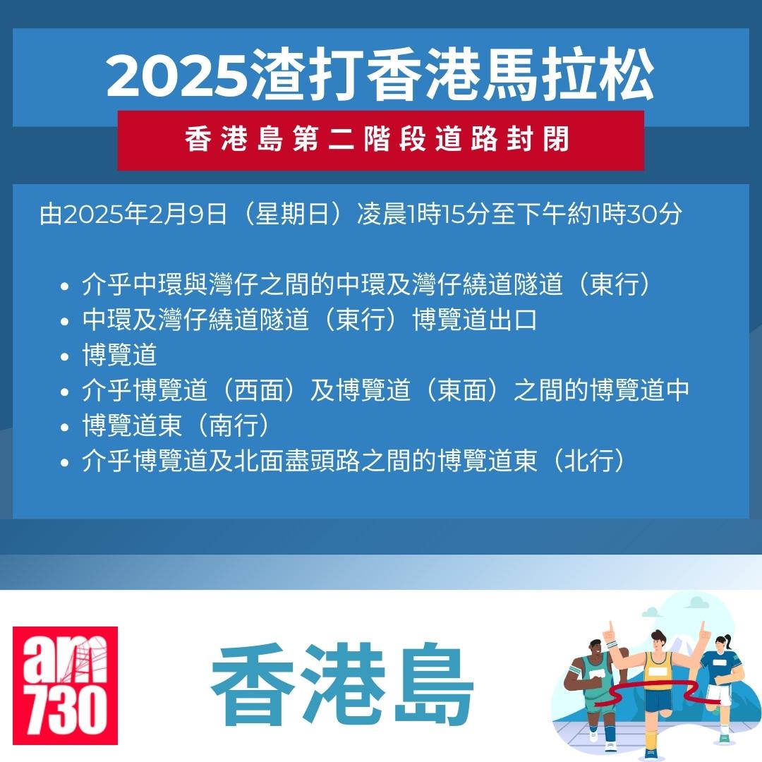 渣打馬拉松2025封路安排|香港島。(am730製圖)