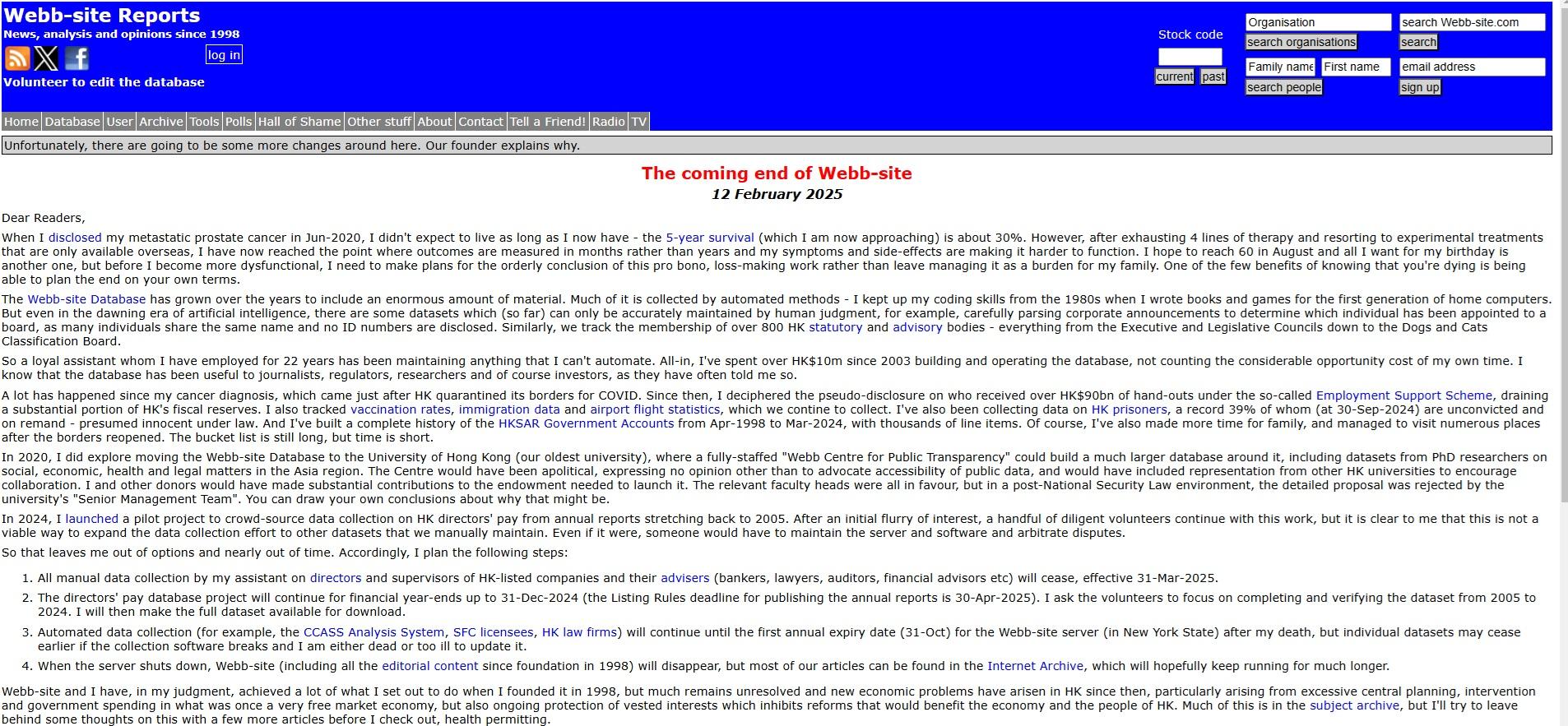 獨立股評人David Webb在其創立的資料庫網站Webb-Site上宣布,因罹患前列腺癌,他的生命所剩無幾,計劃在衰竭前關閉Webb-Site。(網上截圖)