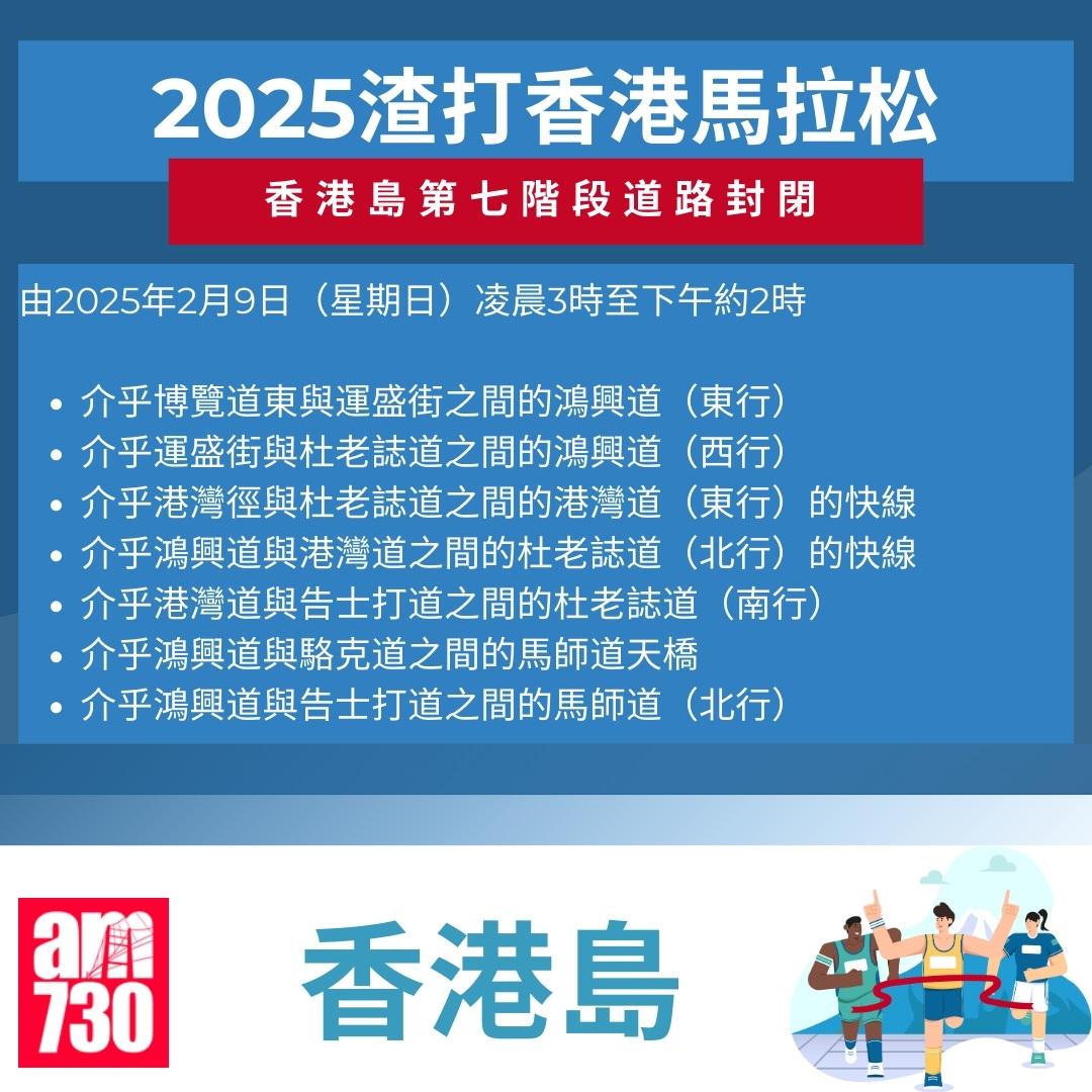 渣打馬拉松2025封路安排|香港島。(am730製圖)