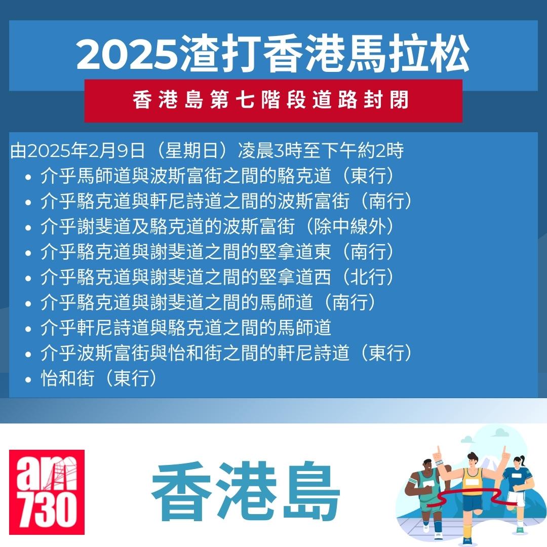 渣打馬拉松2025封路安排|香港島。(am730製圖)