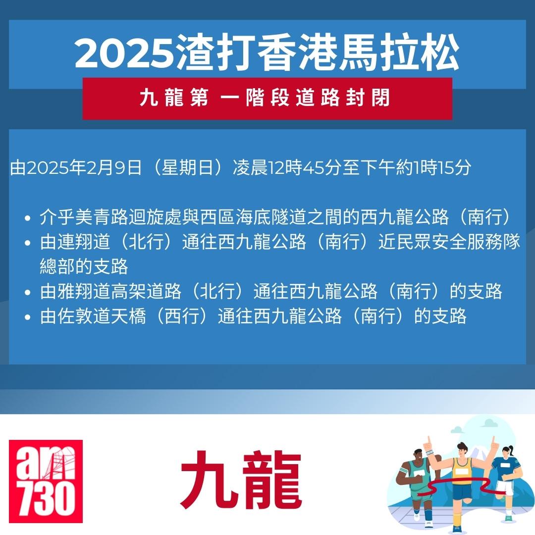 渣打馬拉松2025封路安排|九龍。(am730製圖)