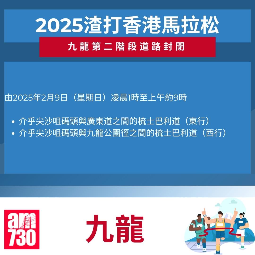 渣打馬拉松2025封路安排|九龍。(am730製圖)
