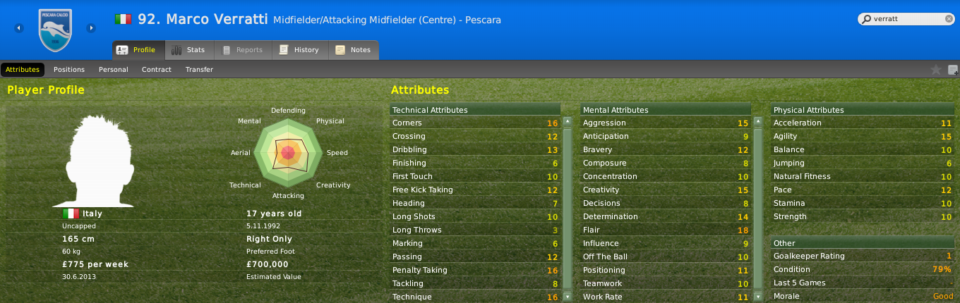 FM2011 Wonderkid 馬高華拉堤(Marco Verratti)。(網上圖片)