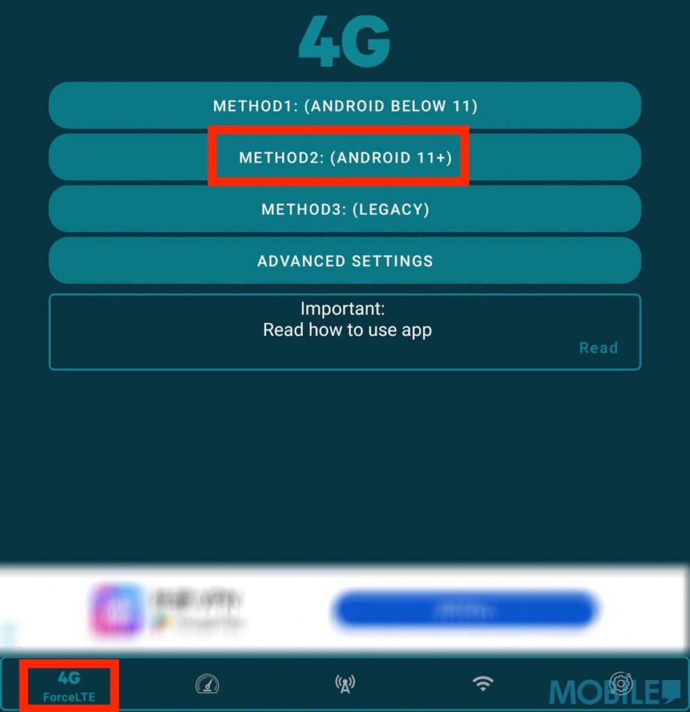 查看教學後點擊左下方「Force LTE」快捷鍵,按手機 Android 版本選擇不同方式(本文試用手機預載 Android 14,故點選 Method 2 鍵)