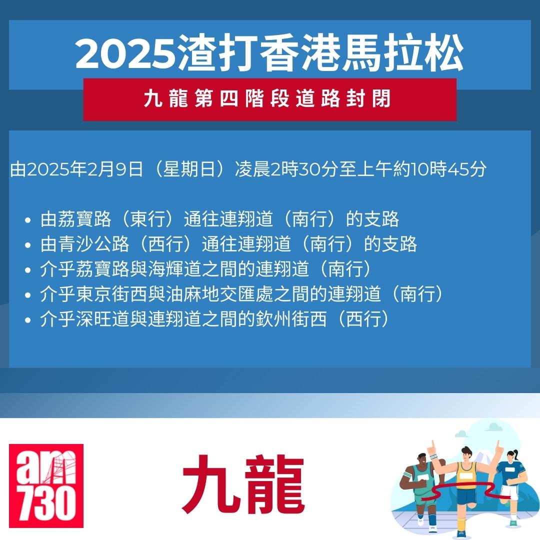 渣打馬拉松2025封路安排|九龍。(am730製圖)