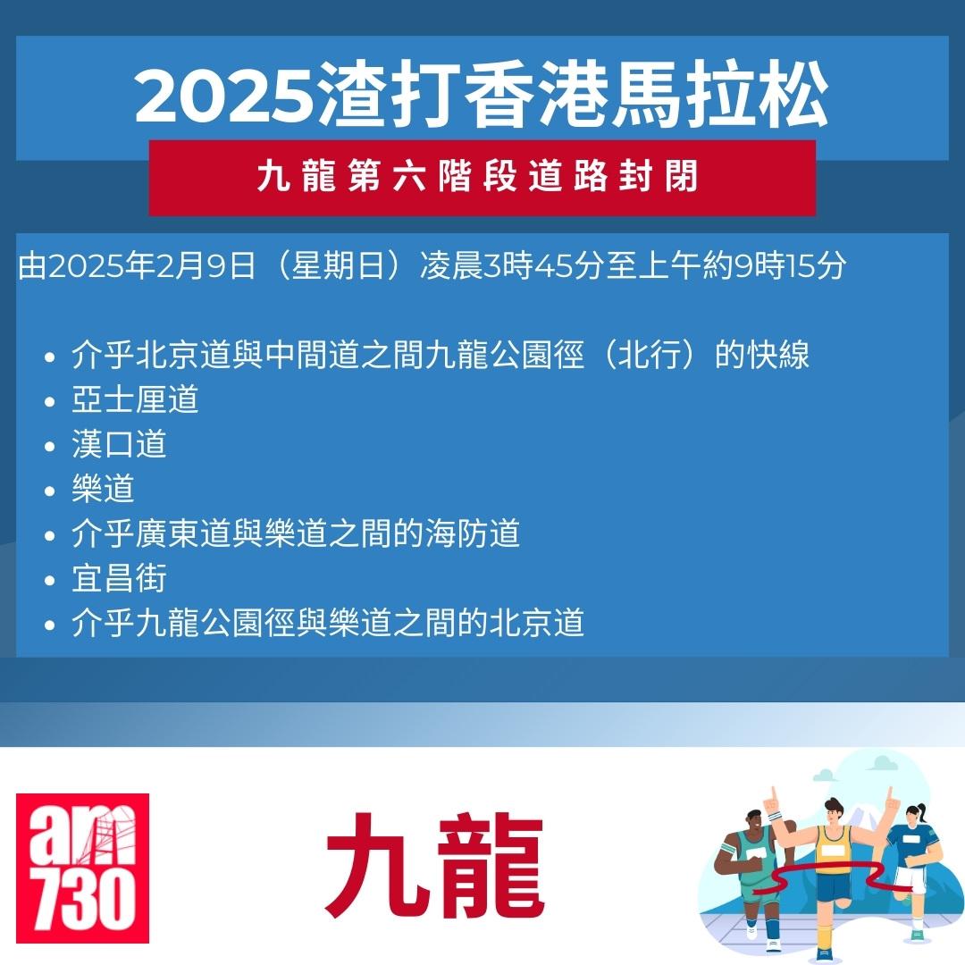 渣打馬拉松2025封路安排|九龍。(am730製圖)