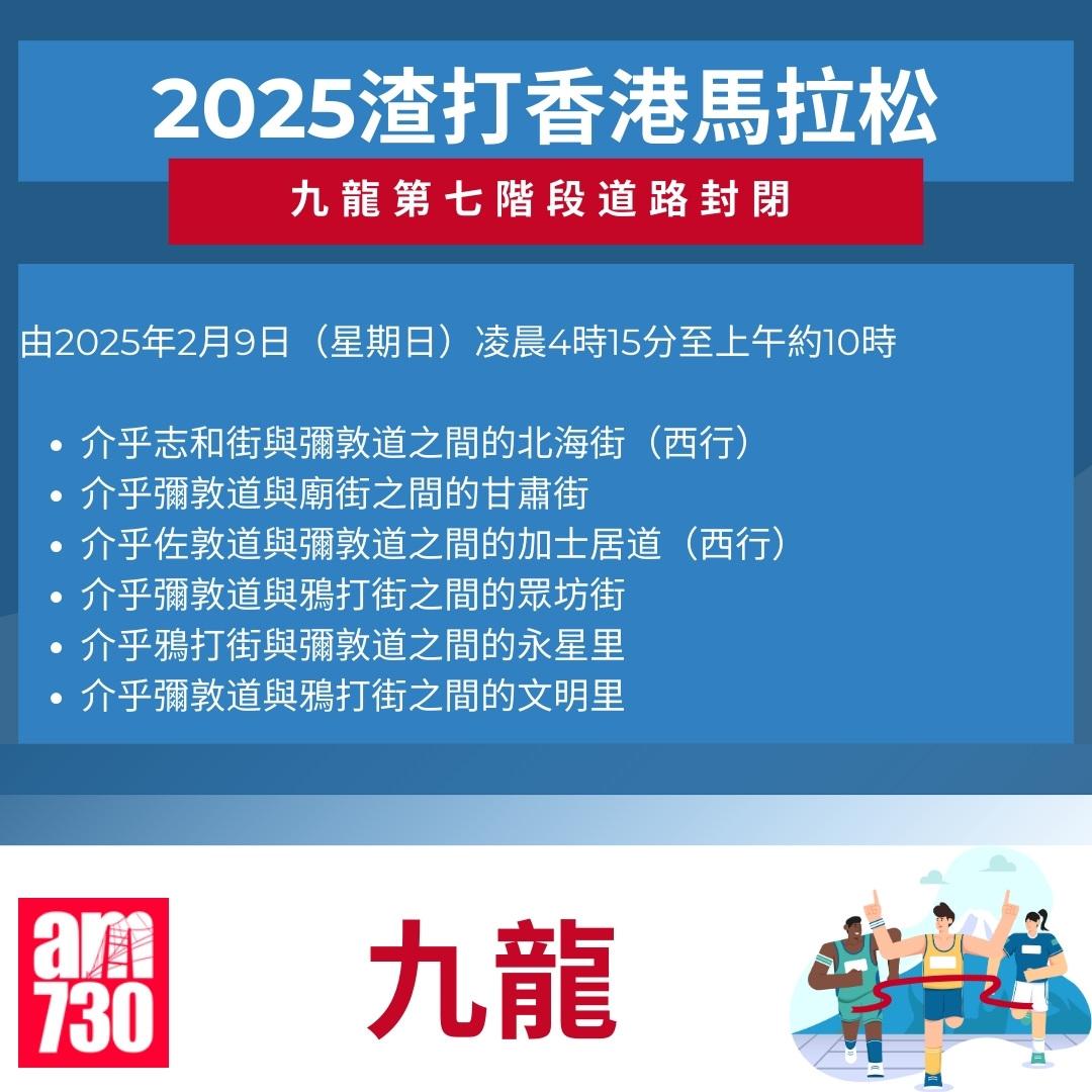 渣打馬拉松2025封路安排|九龍。(am730製圖)
