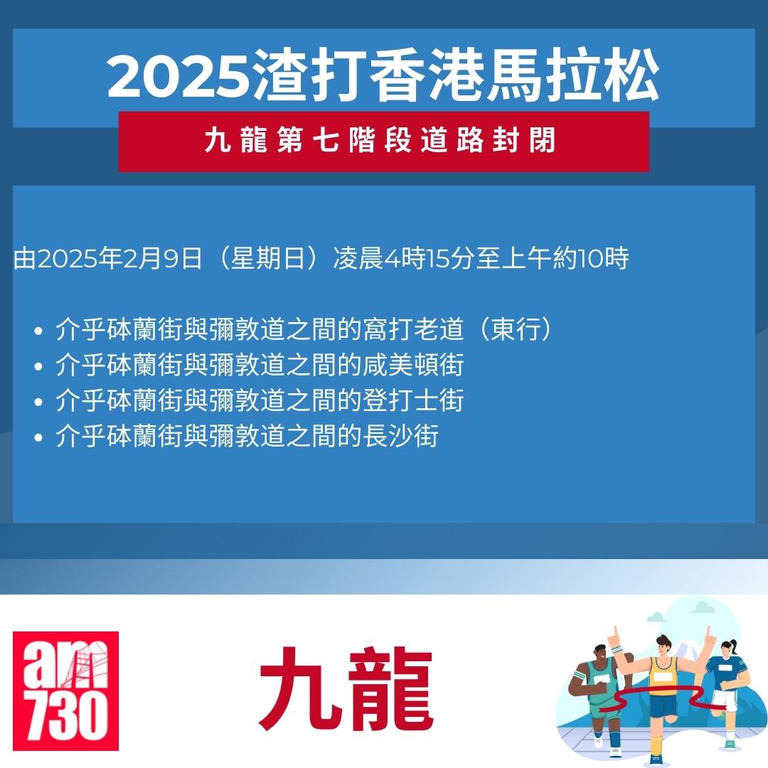 渣打馬拉松2025封路安排|九龍。(am730製圖)