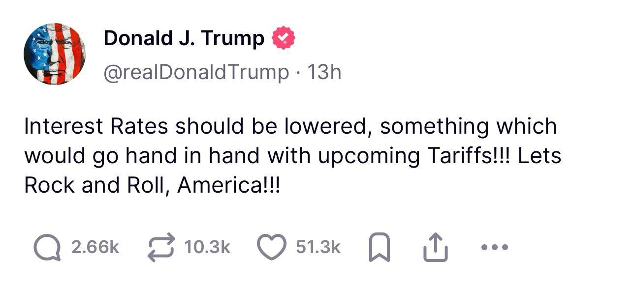 特朗普在社交平台要求減息。(網上截圖)