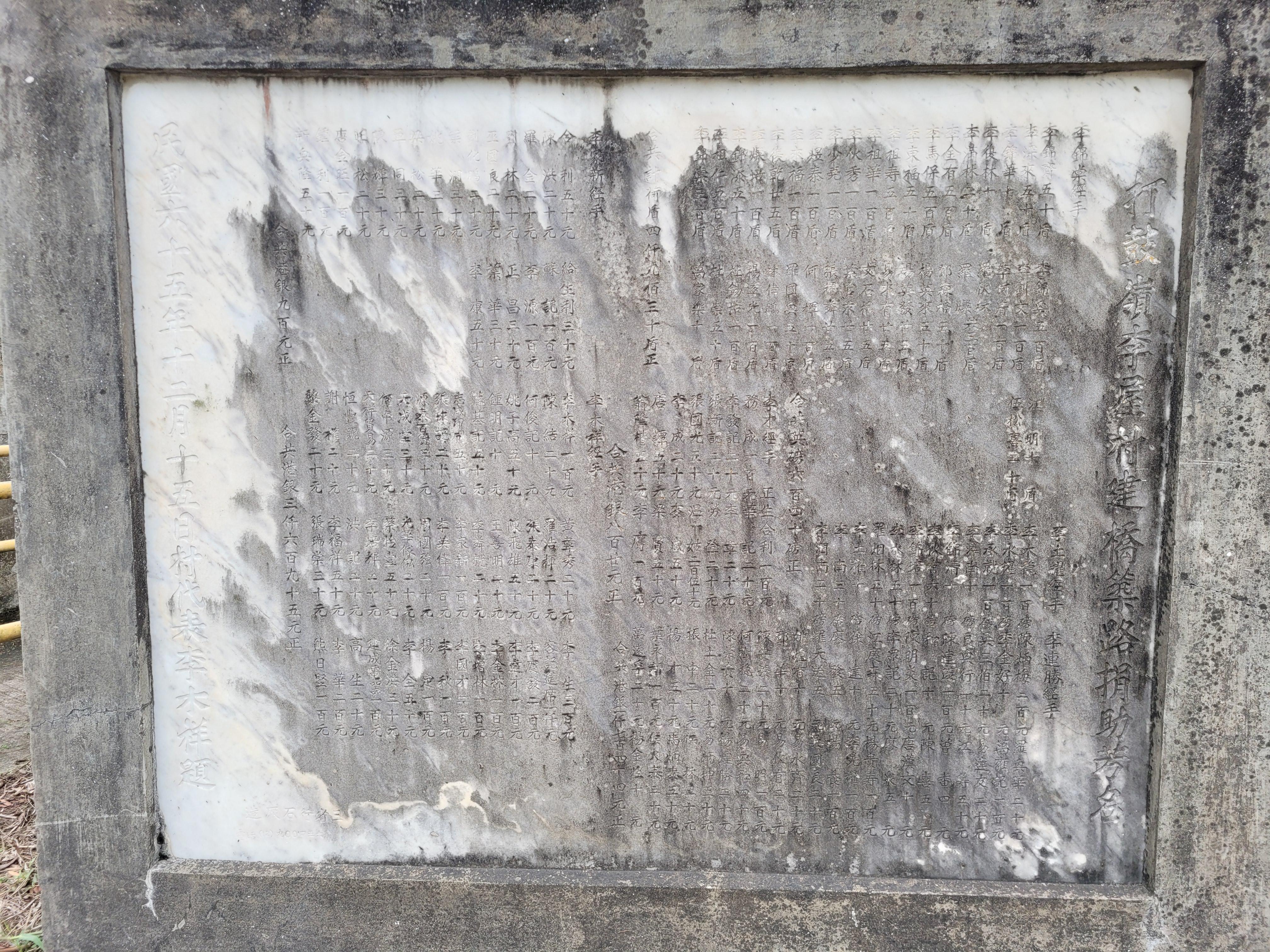 打鼓嶺李屋村建橋築路捐助芳名碑,可見荷蘭盾及英鎊捐款(受訪者提供)