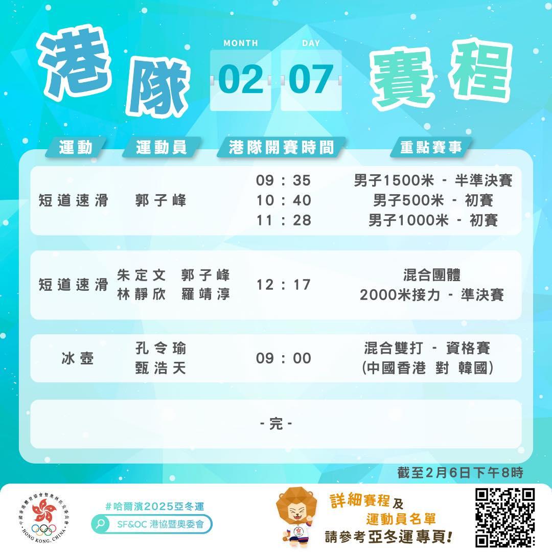 香港隊2月7日亞冬運焦點賽程。(港協暨奧委會提供)