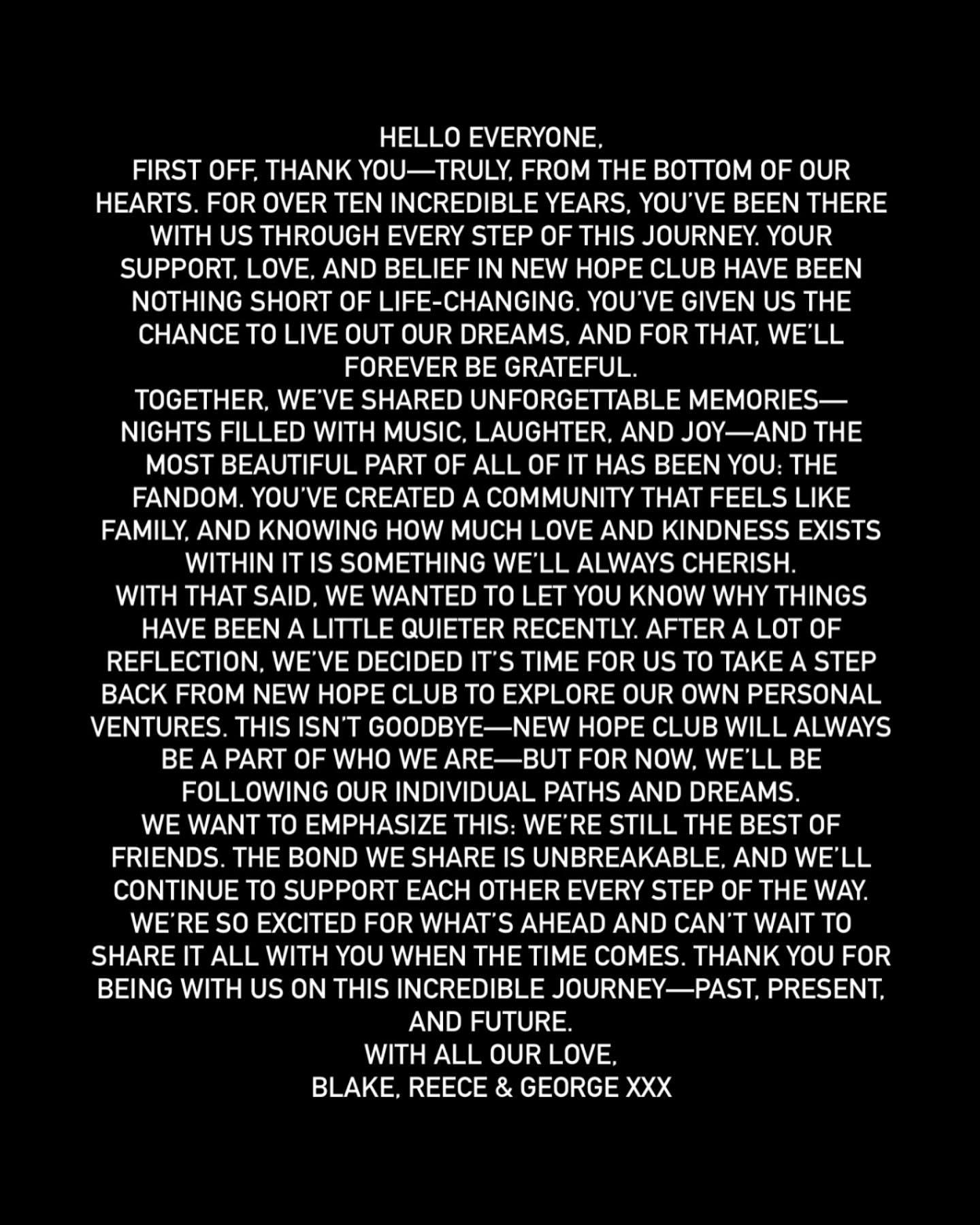 New Hope Club昨晚宣布結束組合9年生涯。