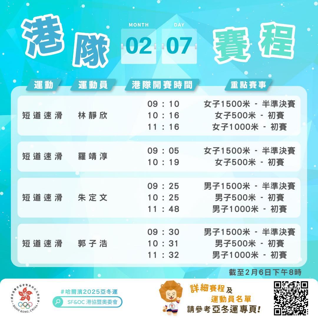 香港隊2月7日亞冬運焦點賽程。(港協暨奧委會提供)