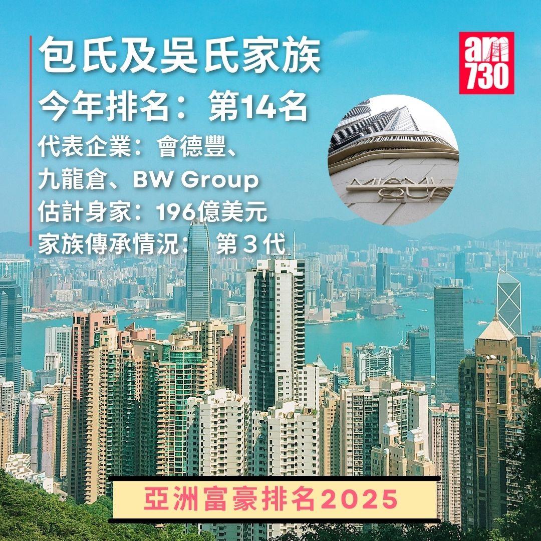 亞洲富豪排名2025|包氏及吳氏家族排名14(am730製圖)