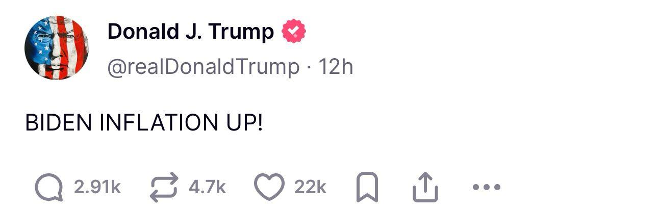 特朗普將最新的通脹增長責任歸咎於前任總統拜登,稱為「拜登通脹」。(網上截圖)