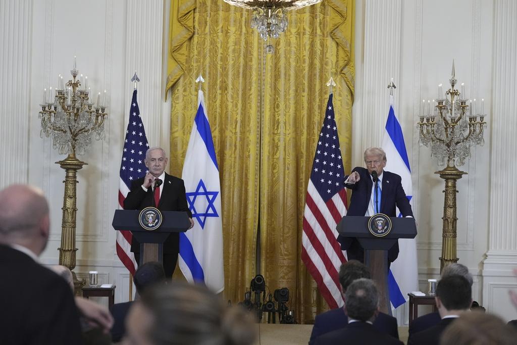 特朗普與內塔尼亞胡會晤後見記者。(美聯社)