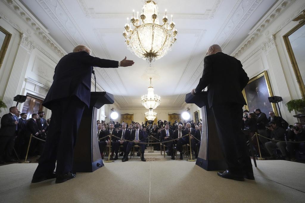 特朗普與內塔尼亞胡會晤後見記者。(美聯社)