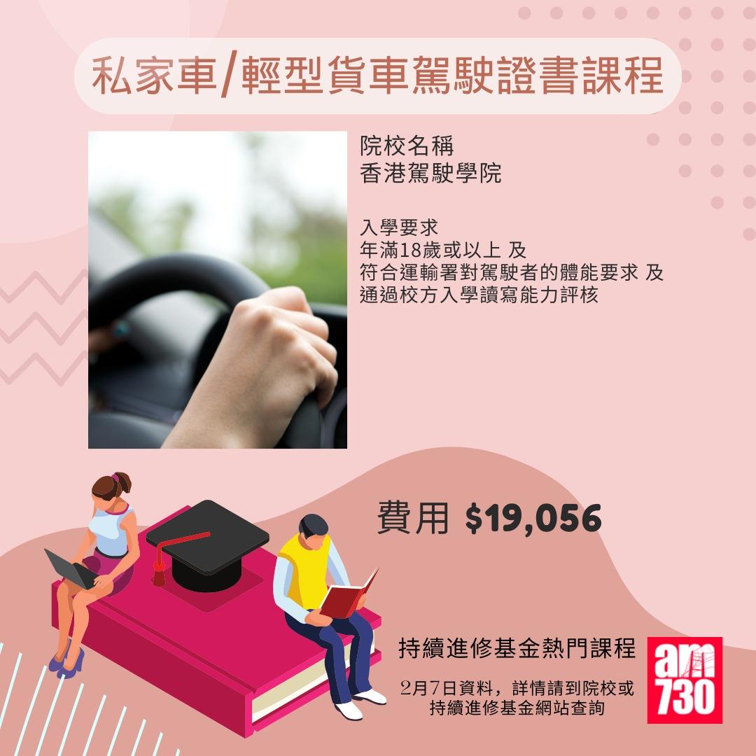 持續進修基金熱門課程|私家車/輕型貨車駕駛證書課程,2月7日資料(am730製圖)