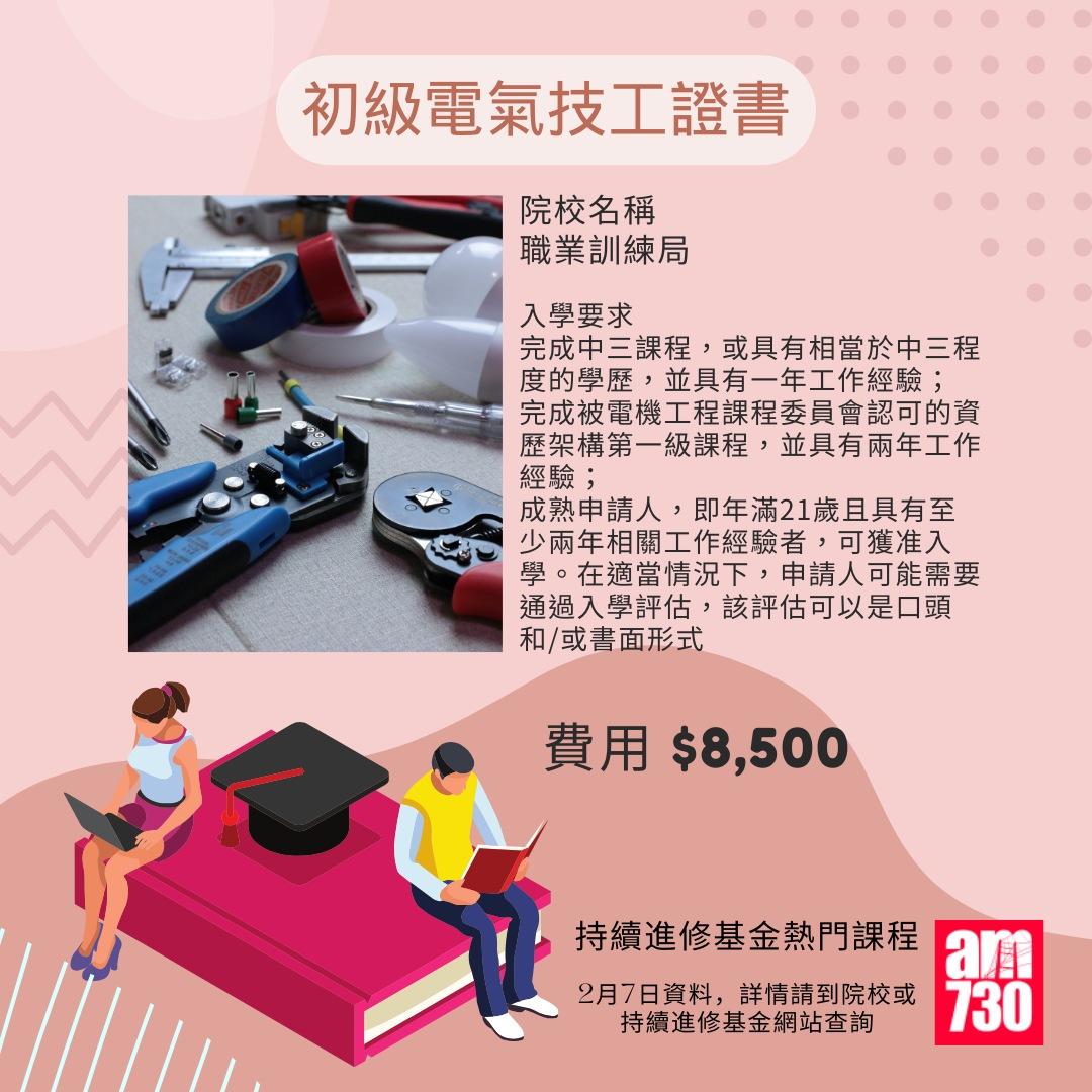 持續進修基金熱門課程|初級電氣技工證書,2月7日資料(am730製圖)