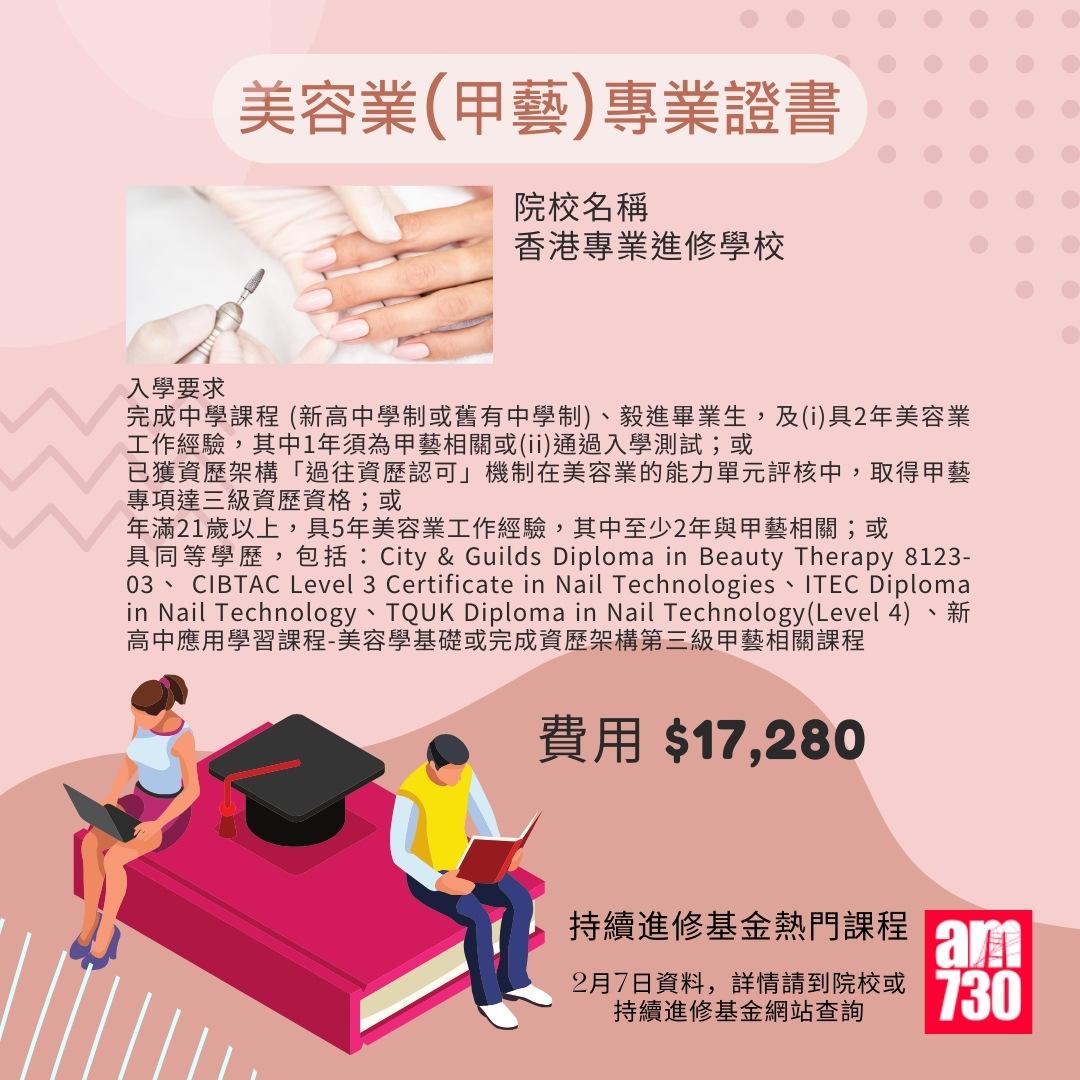 持續進修基金熱門課程|美容業(甲藝)專業證書,2月7日資料(am730製圖)