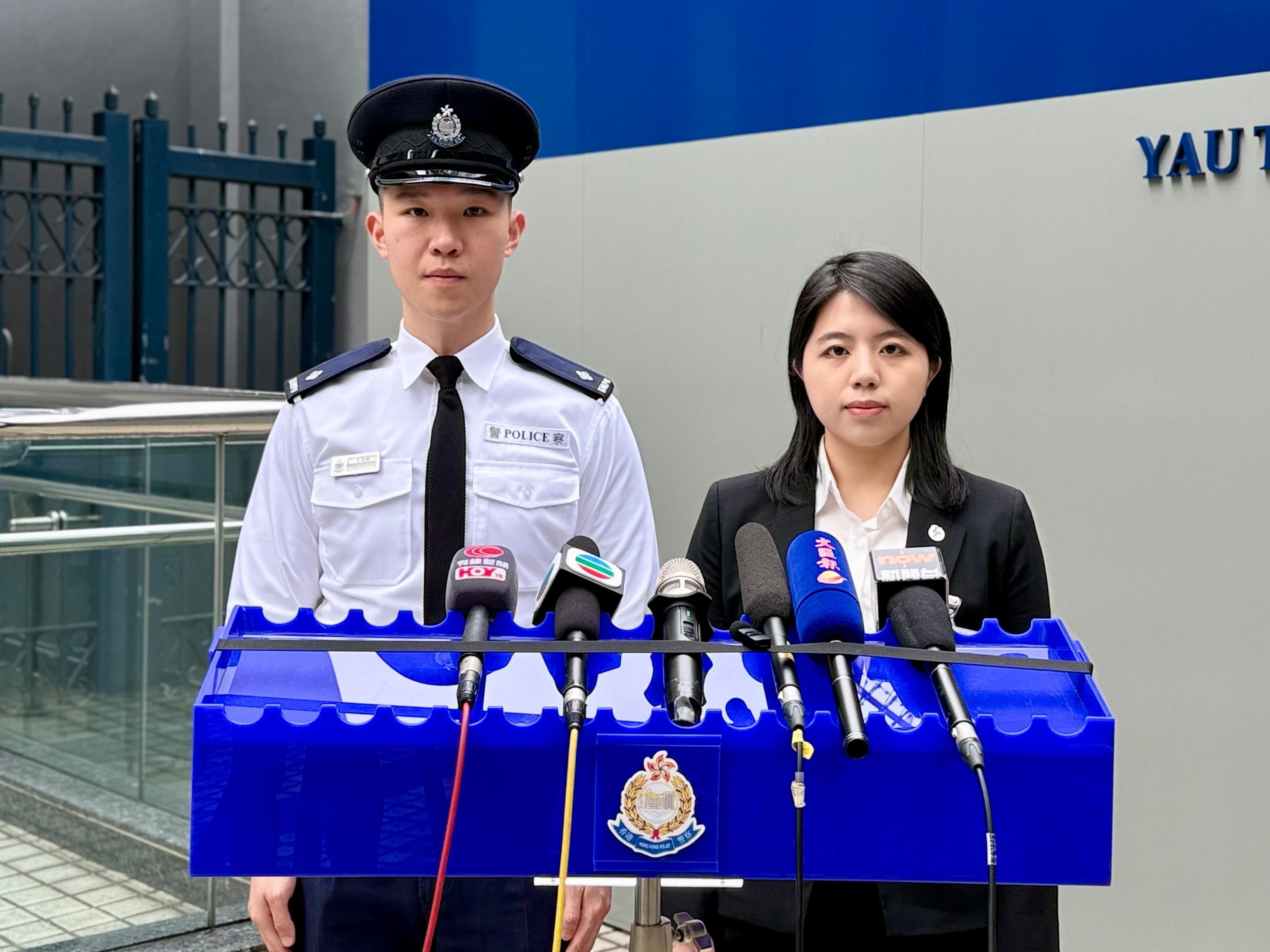 警方油麻地分區特遣隊指揮官督察曾憲鏘及油尖警區刑事調查第一隊督察蘇倩怡。