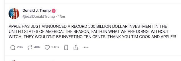 特朗普在社交平台「邀功」,表示蘋果願意在美國大量投資,全因為「對管治班子正在做的事有信心」。(特朗普社交平台截圖)