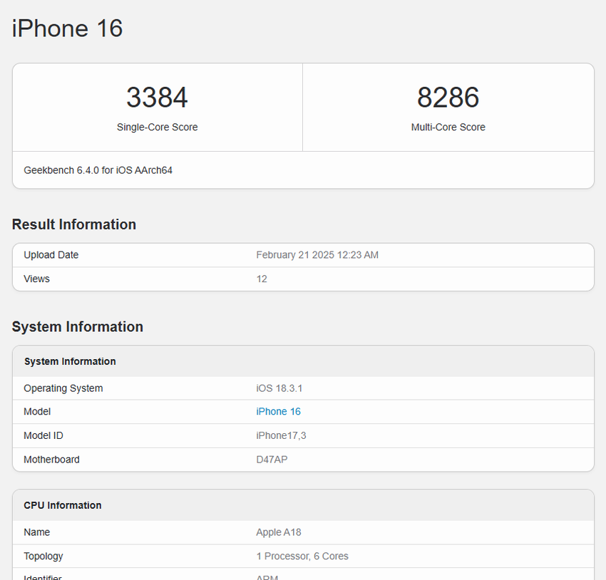 對比用上同命晶片,但多了一顆 GPU 核心的 iPhone 16,iPhone 16e 無論是單核或雙核成績都較為遜色
