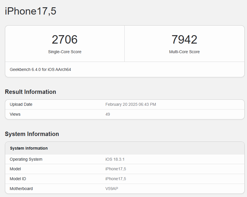 在跑分軟件 Geekbench 網站上可以看到一部以「iPhone 17,5」命名的機型,並搭載最新 iOS 18.3.1,相信便是最新的 iPhone 16e。