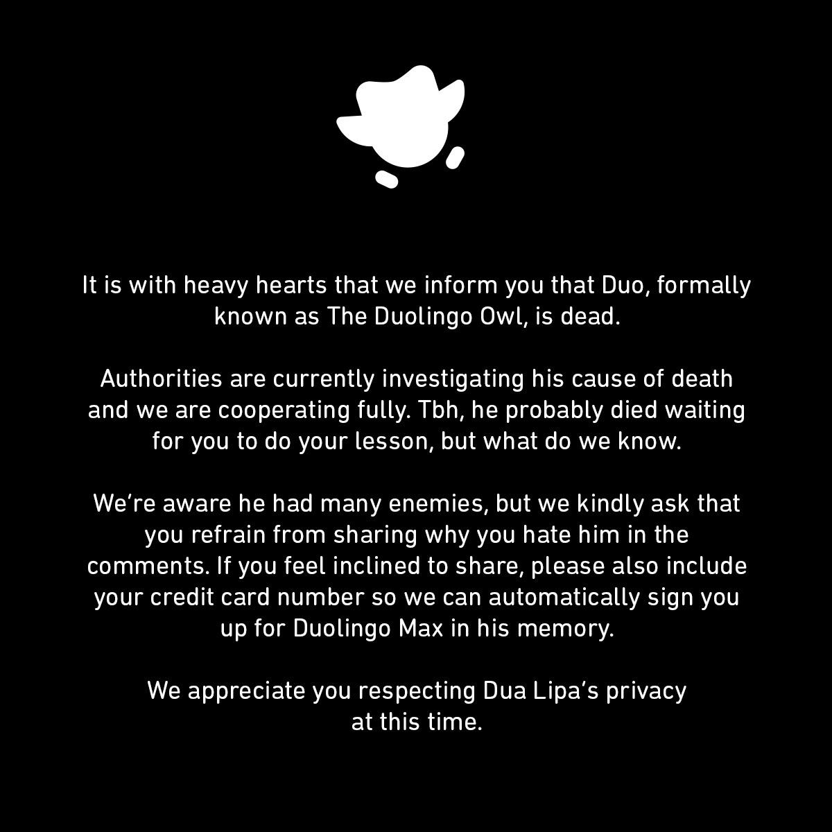 Duolingo在X上沉痛發文宣布Duo的死訊。
