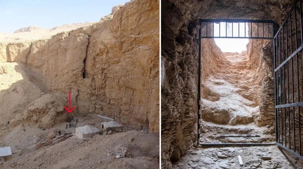 陵墓入口所在位置(左圖,箭咀示),陵墓入口(右圖)。(互聯網)