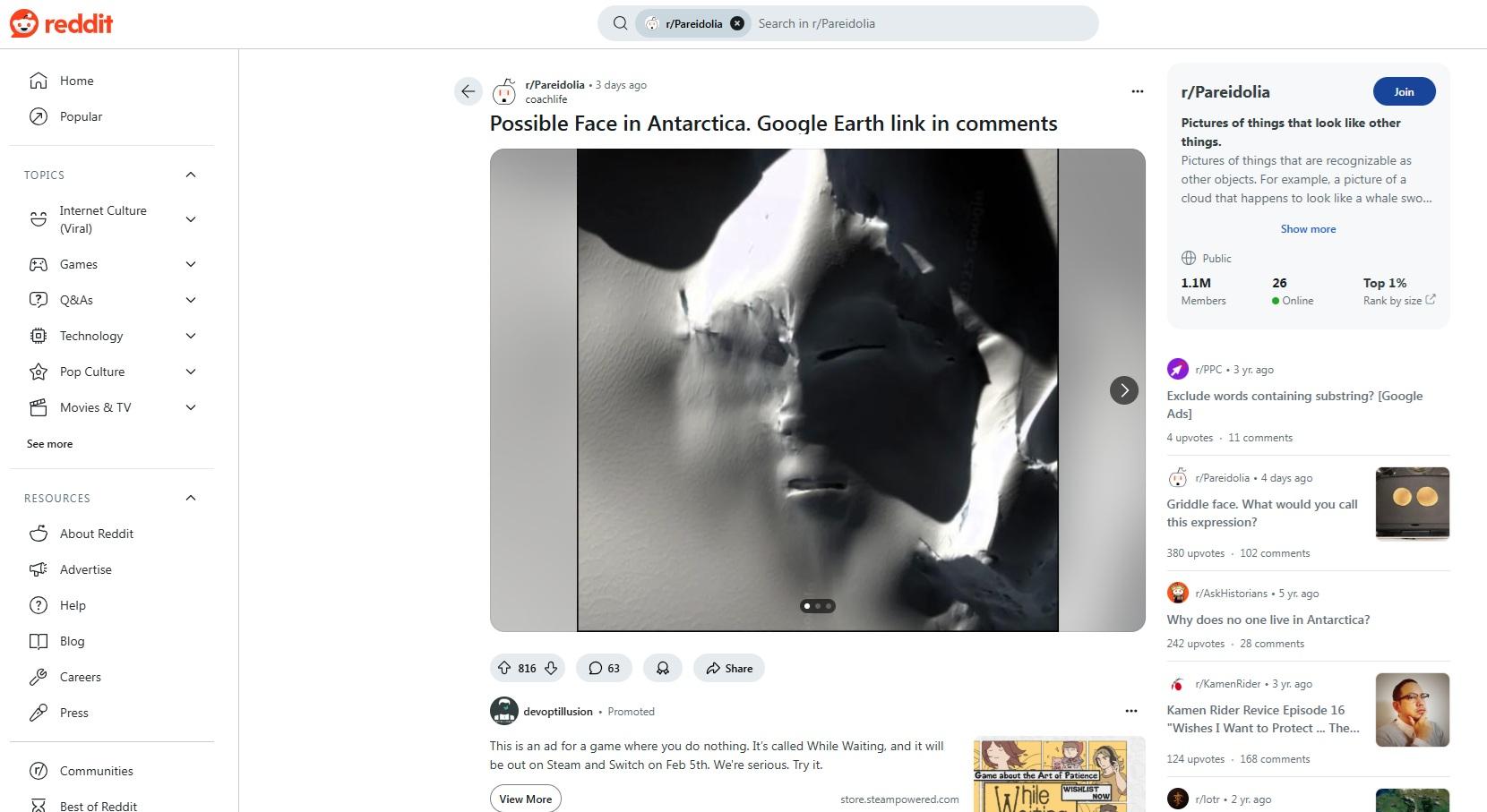另一名網民在Reddit貼出Google Earth這張南極洲照片。(互聯網)