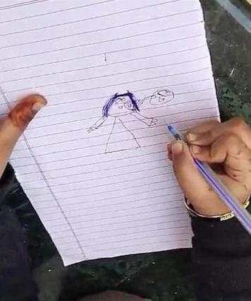 女童畫下父親毆打媽媽的圖畫。(互聯網)