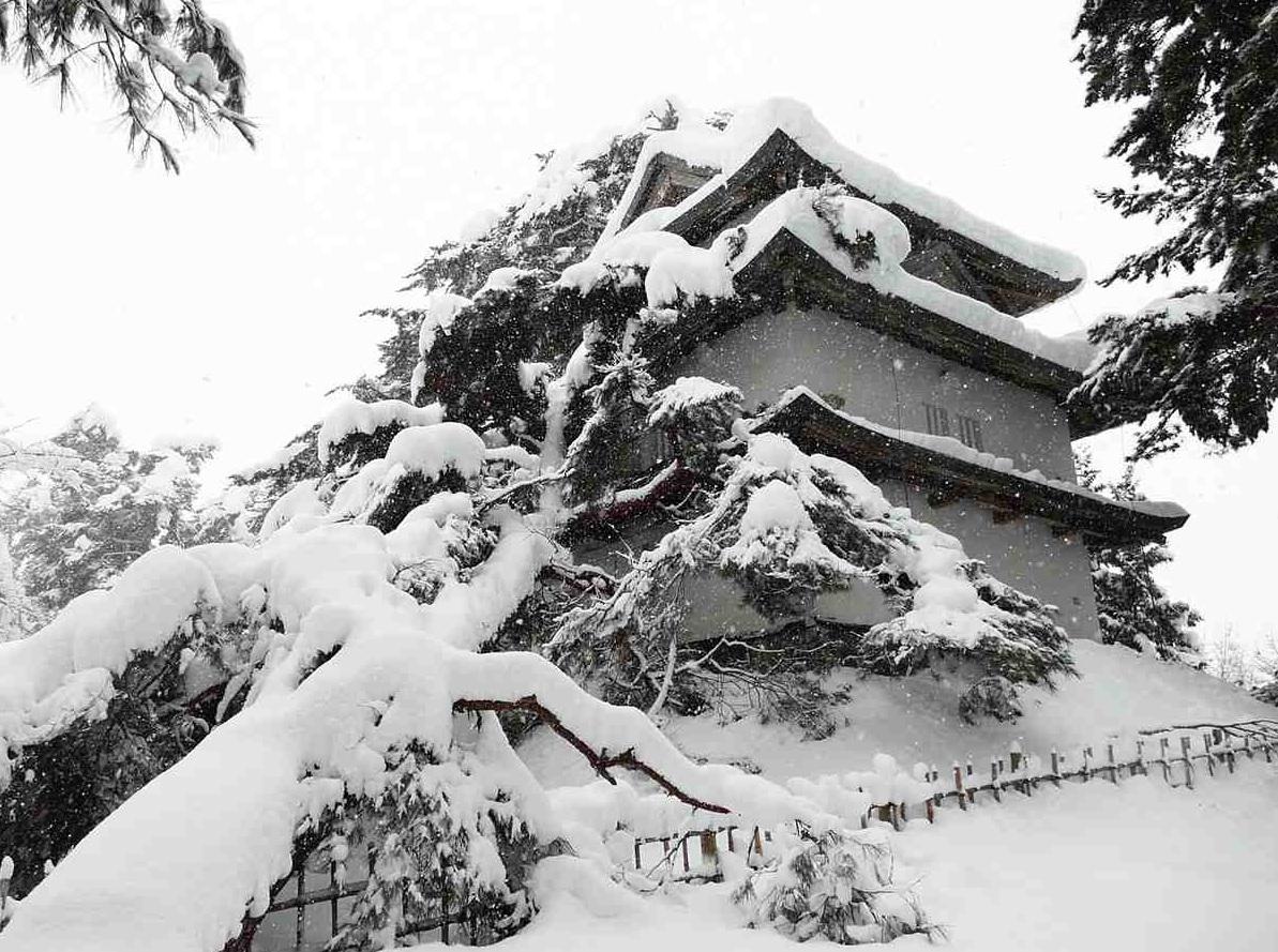 日本青森縣上月初受暴雪侵襲,當地著名景點弘前城部分建築被塌樹壓毀。(資料圖片)