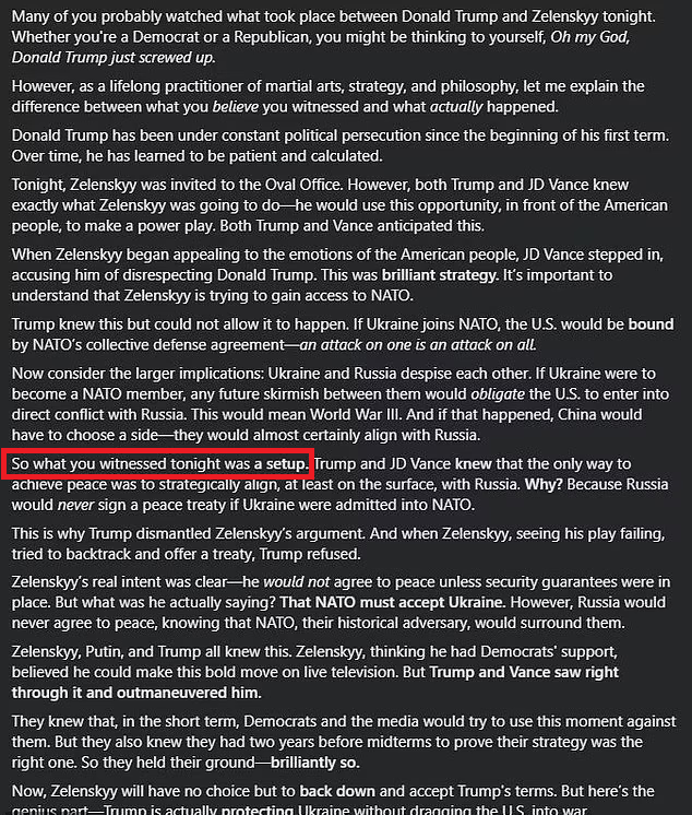 特朗普轉發的段落,來自Michael McCune一篇長文章(圖),文中另一段落直言「你們今晚所見的是設局」。(互聯網)