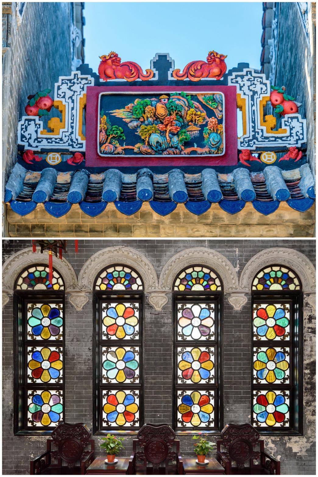 各式各樣以神話或民間故事為主題的磚雕,及亮麗多彩的滿洲窗,都是余廕山房必看要點。(圖片來源:視覺中國)