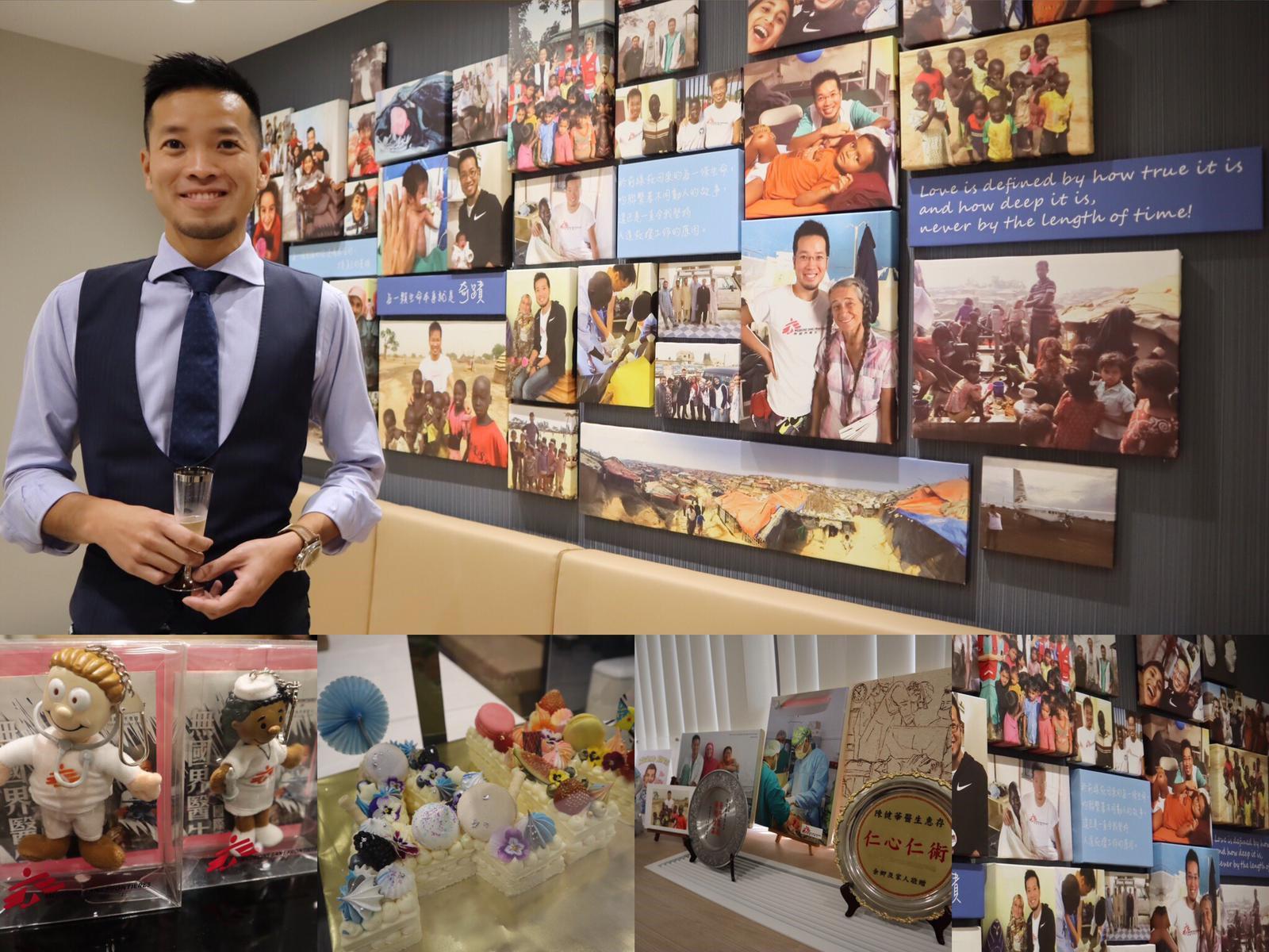 陳健華醫生的診所,掛滿到世界各地參與救援任務的實況。